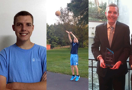 Three photos of Tanner Brittain: The first he crosses his arms in a Carolina t-shirt; in the second, he is playing basketball; and in the third, he is wearing a suite and holding an award.