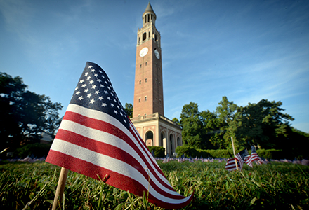 An American flag near the Bell Tower. 