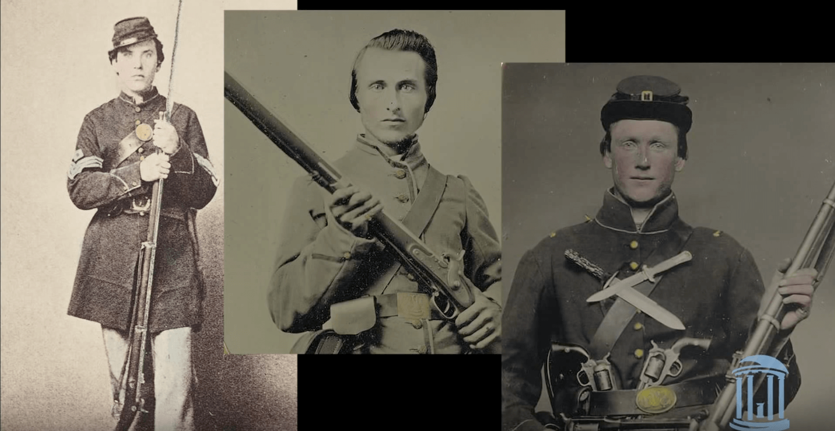Three archived photos of three Civil War soldiers in uniform.