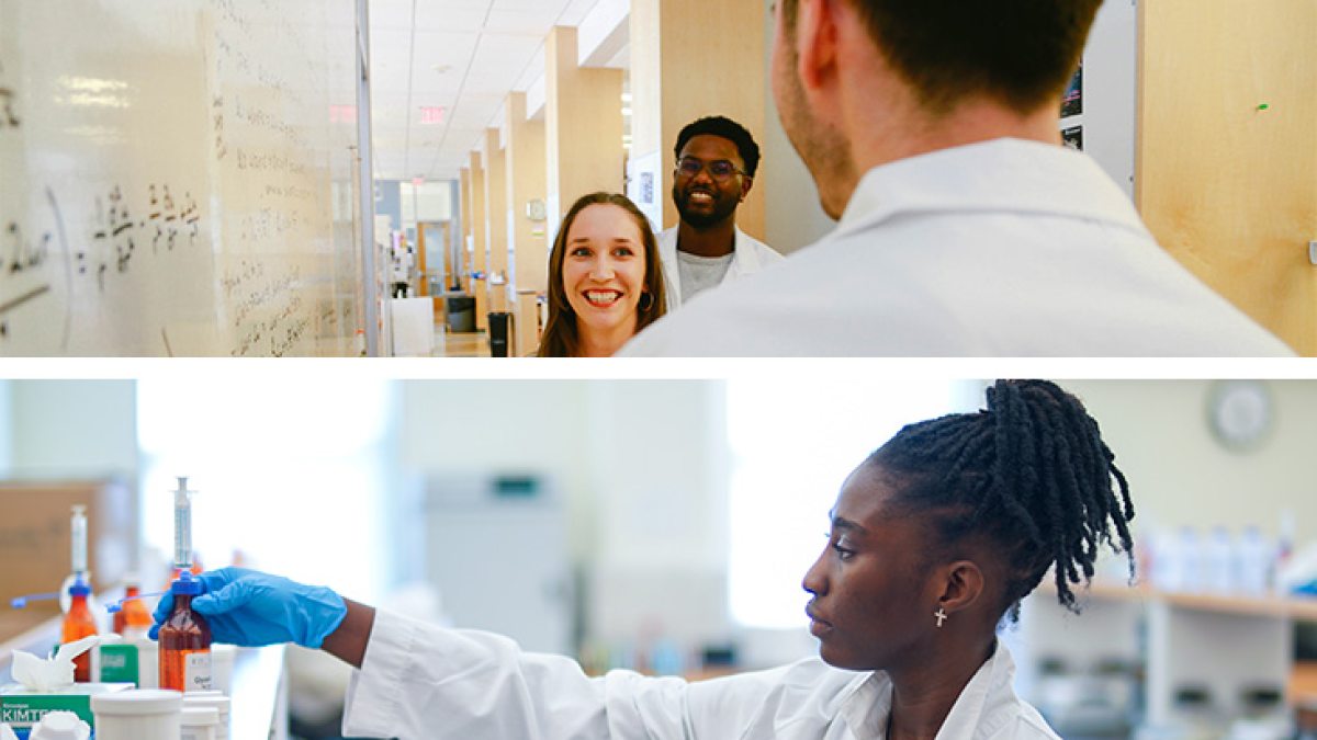 Two-photo collage: Three pharmacy students talking as a group near whiteboard in a classroom; and a researcher holding a beaker in a lab.