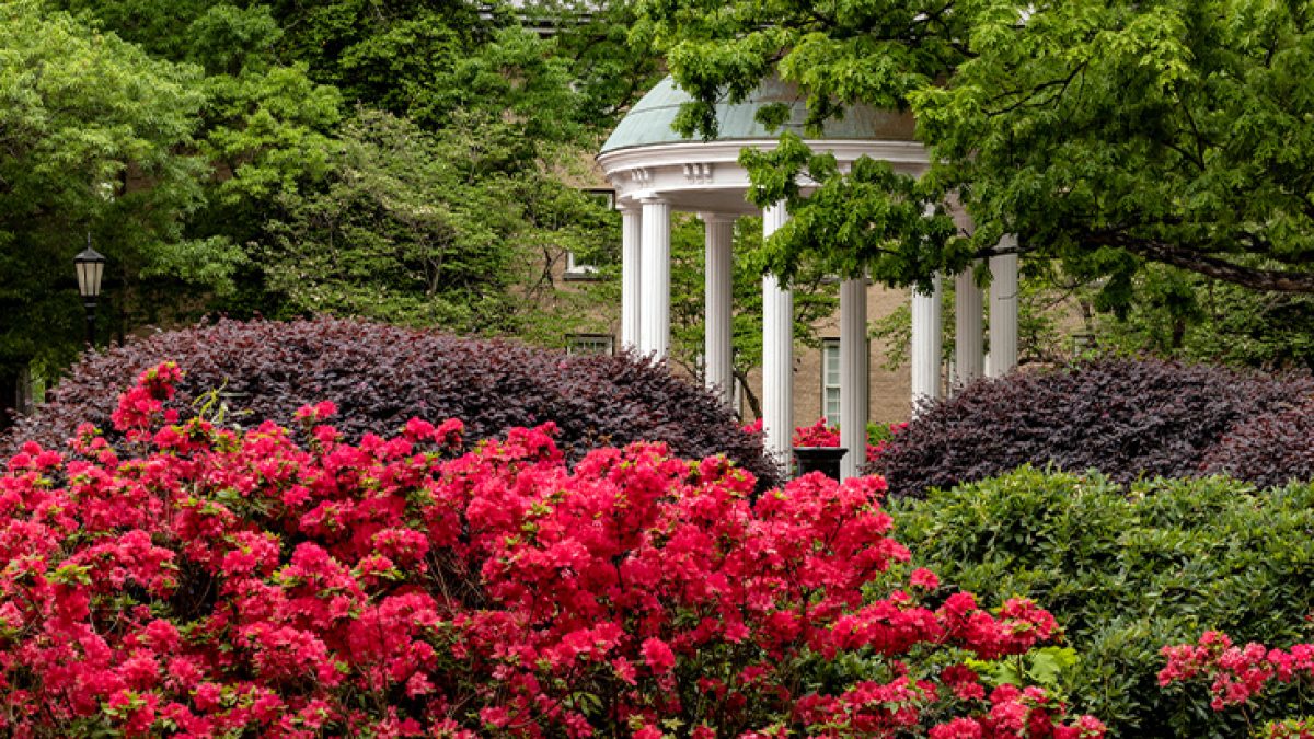 Old Well on the campus of UNC-Chapel Hill with springtime flowers of purple, red and green colors blooming in the foreground.