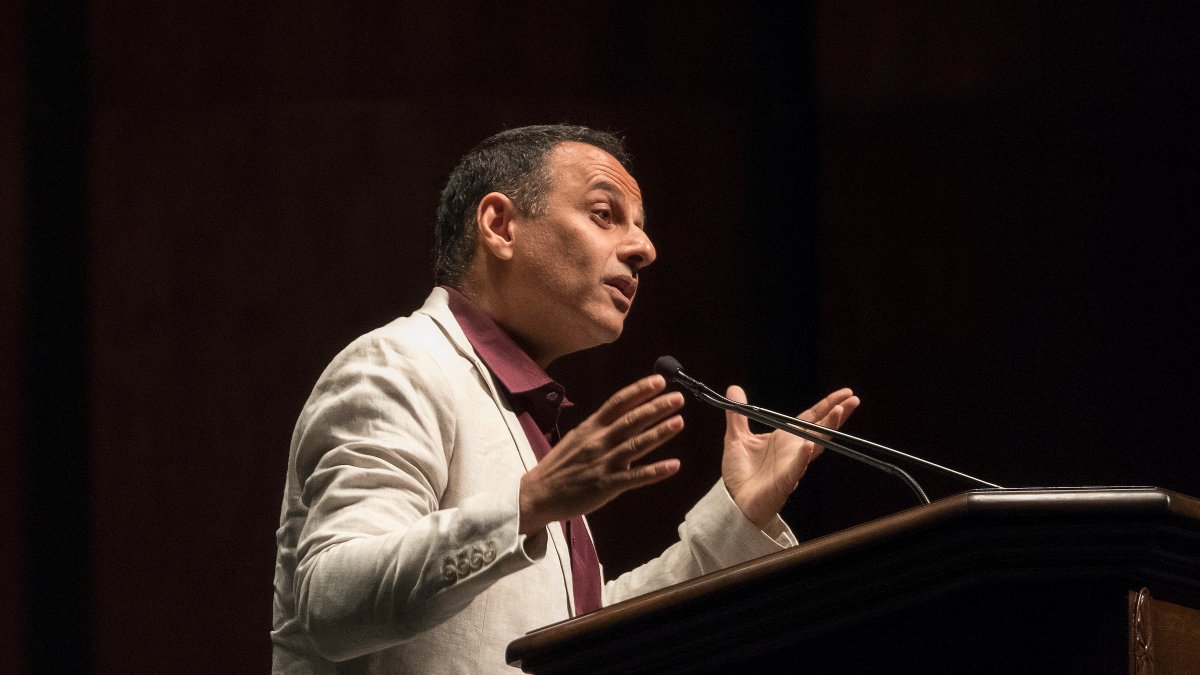 Moustafa Bayoumi, author of the 2017 Carolina Summer Reading selection, How Does it Feel to Be a Problem? Being Young and Arab in America speaks at Memorial Hall on the campus of the University of North Carolina at Chapel Hill.
