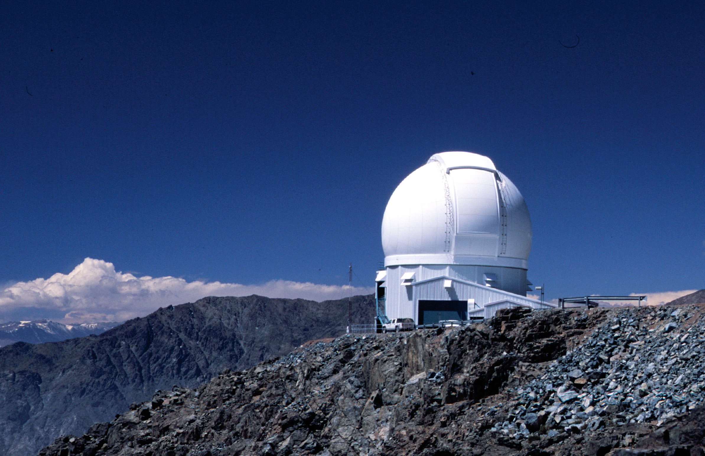 The dome of the SOAR telescope observatory 8,775 feet in the Chilean Andes is shown in this photo.