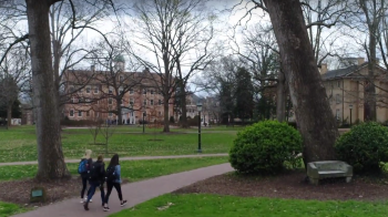 Students walk on campus.