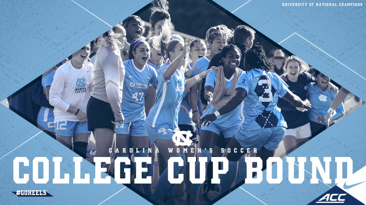 Graphic of Carolina women's soccer team celebrating with words over the image that say College Cup Bound