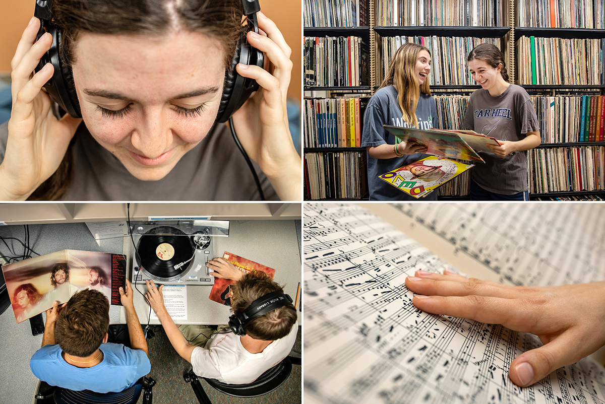 Photo collage of a student listening to headphones, students look at record covers, students listening to a record player and a hand on sheet music. 