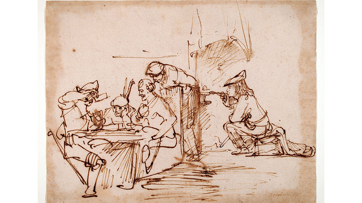 A Rembrandt drawing of people sitting at a table.
