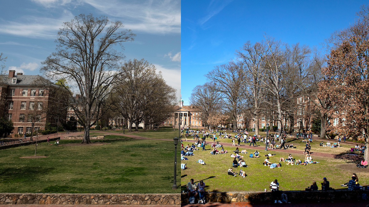 A split graphic of an empty Polk Place and a crowded Polk place, a year apart.