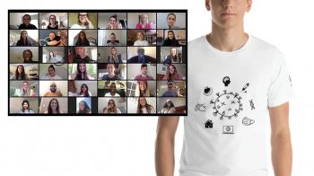 A photo of a Zoom meeting next to a man standing in a white t-shirt