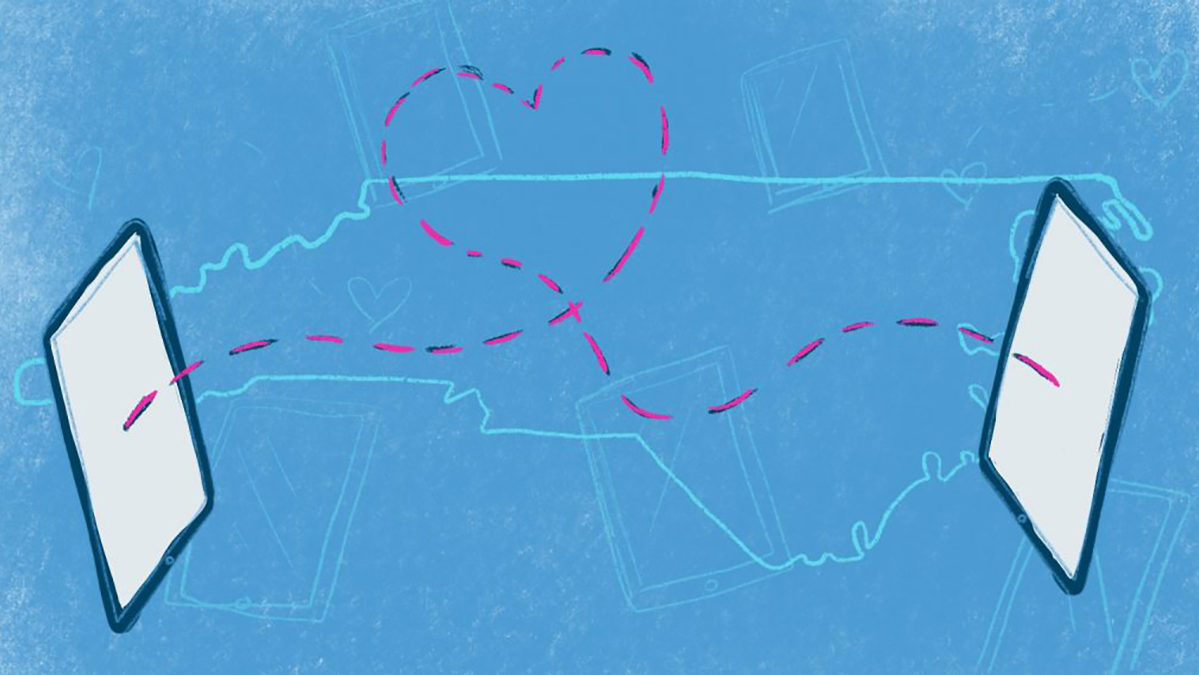 A drawing of two electronic tablets connected by a heart across the state of North Carolina.