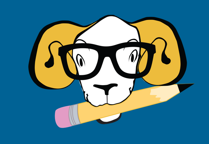 A cartoon ram holding a pencil in its mouth.