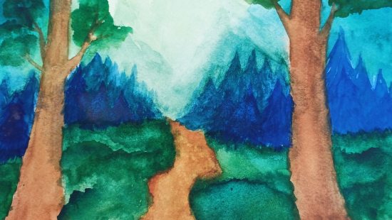 Watercolor landscape painting of a forest.