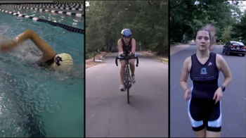 People swimming, riding a bike and running.