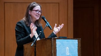 Lorrie Moore standing at a podium. (Photo by Heidi Hannoush)