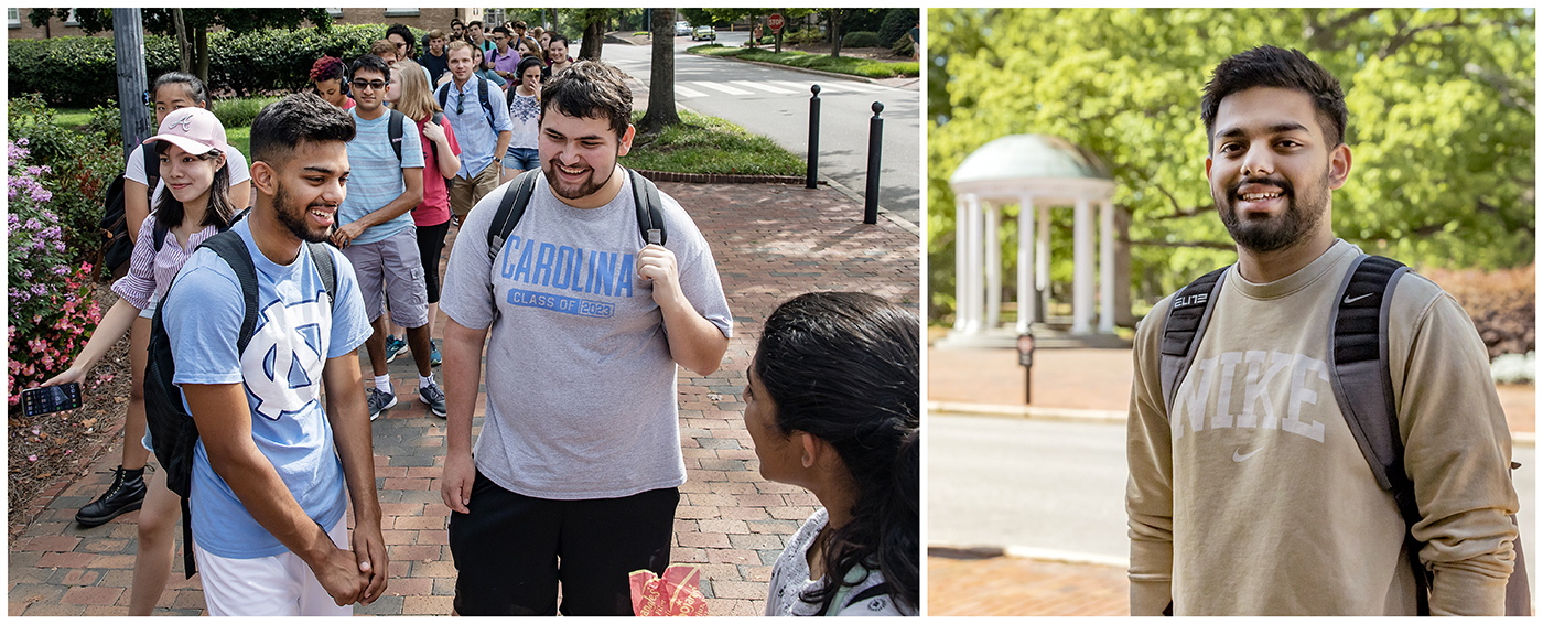 graduating seniors look back at images of themselves during their first year on the UNC campus