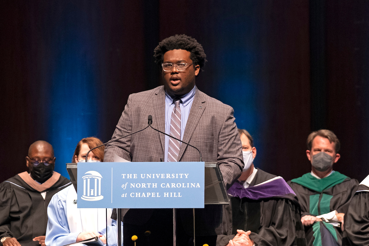 Student Body President Lamar Richards questioned the celebration of the founding in his remarks.
