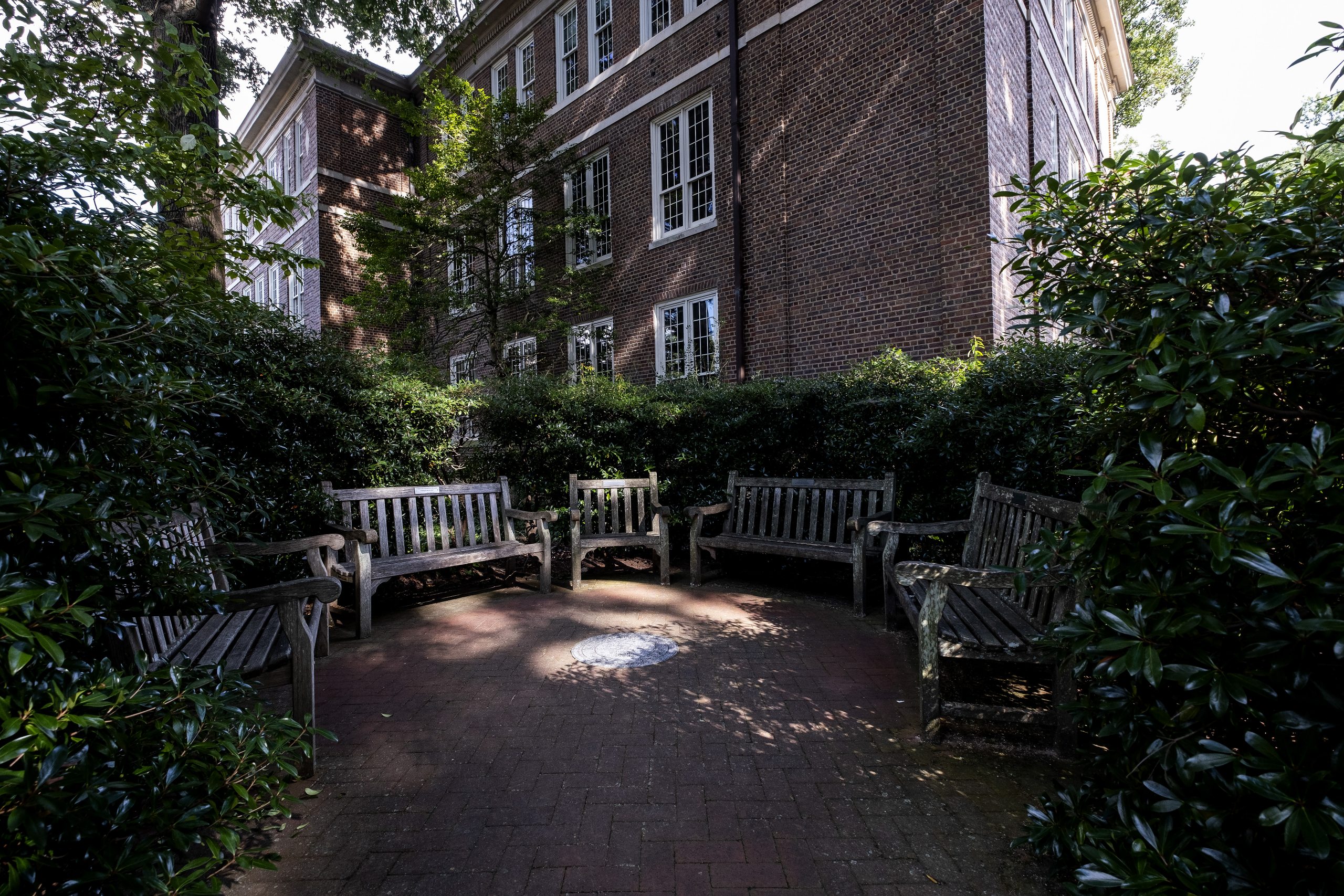 Scene at circle of benches near Carolina Hall on the campus of the University of North Carolina at Chapel Hill.
