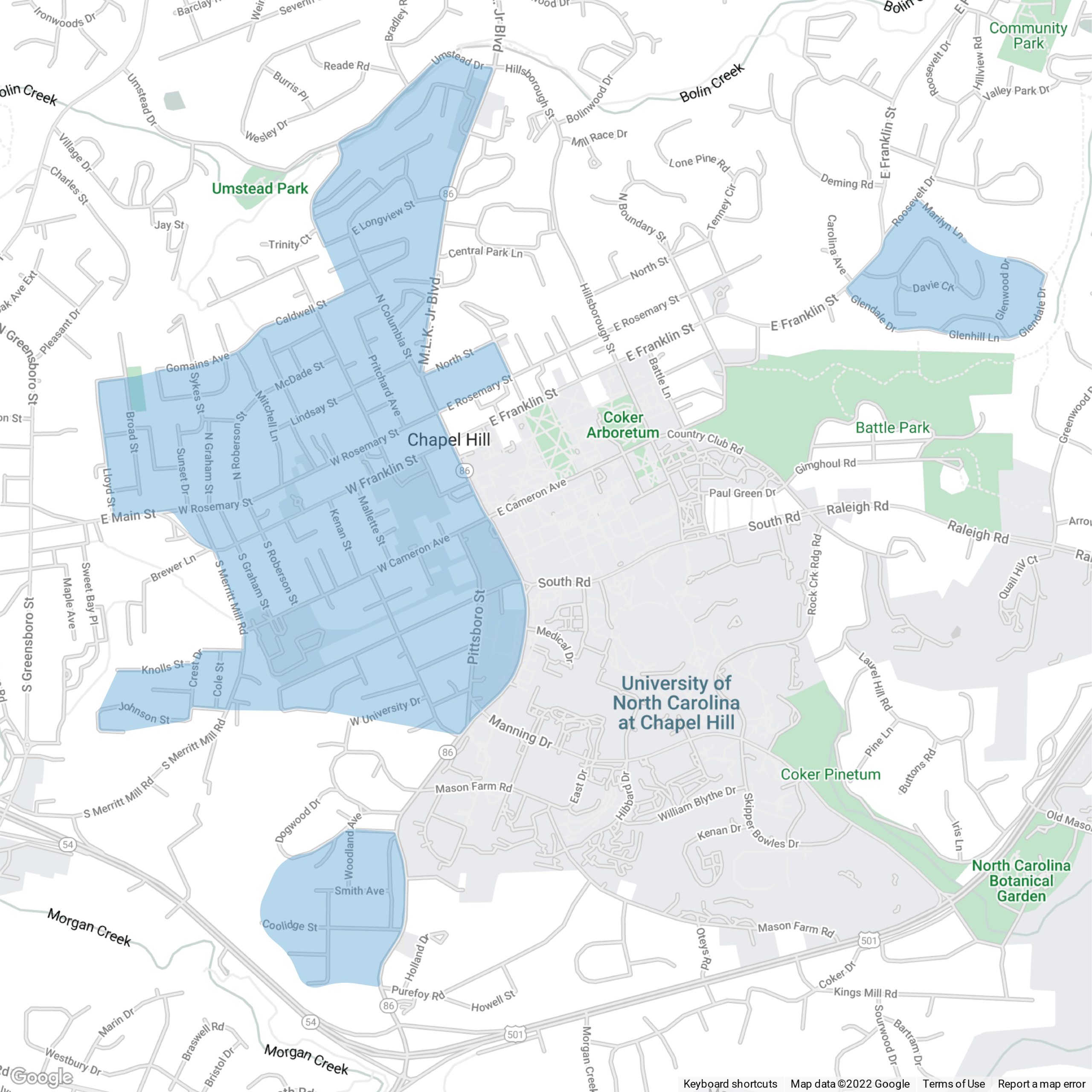 Map of downtown Chapel Hill and Carrboro showing Good Neighbor Initiative areas shaded in blue.