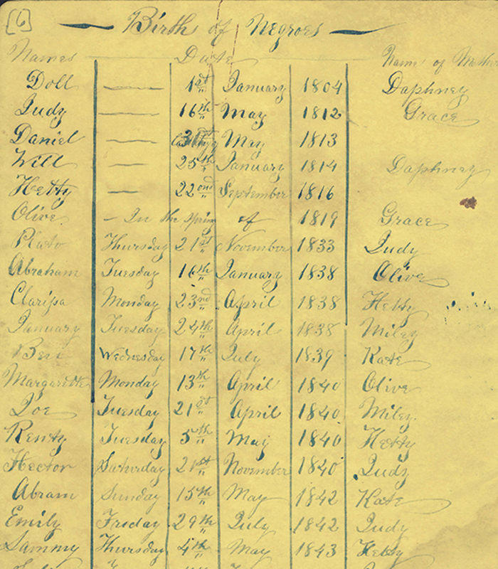 A list of births and names of enslaved people from the a.John Edwin Fripp Papers #869, Southern Historical Collection. 