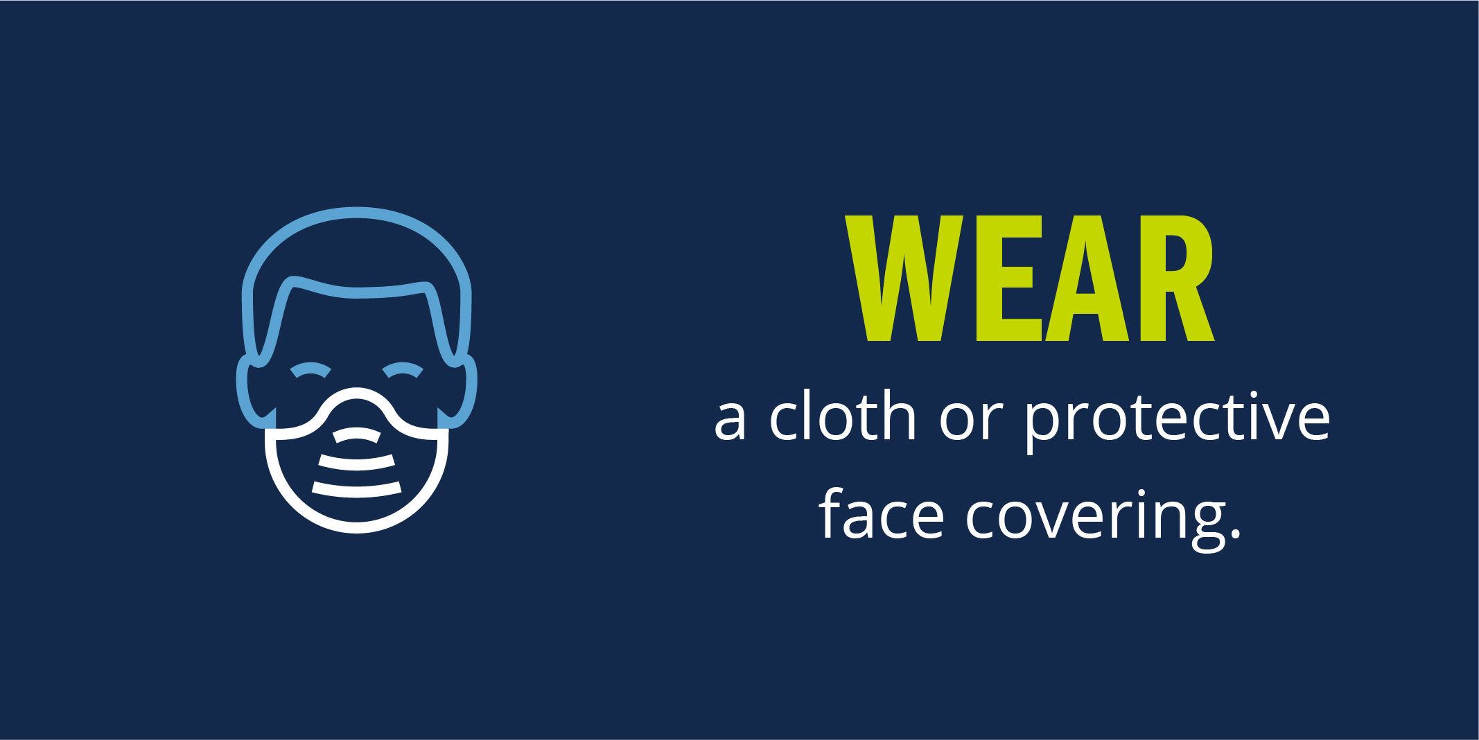 Graphic of person wearing a mask with text: wear a cloth or protective face covering.