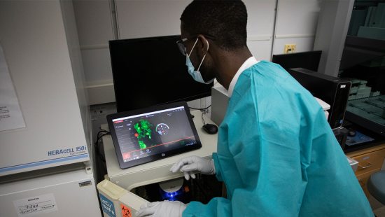 Black man in blue surgical gown and mask looks at cell media under a computerized microscope.