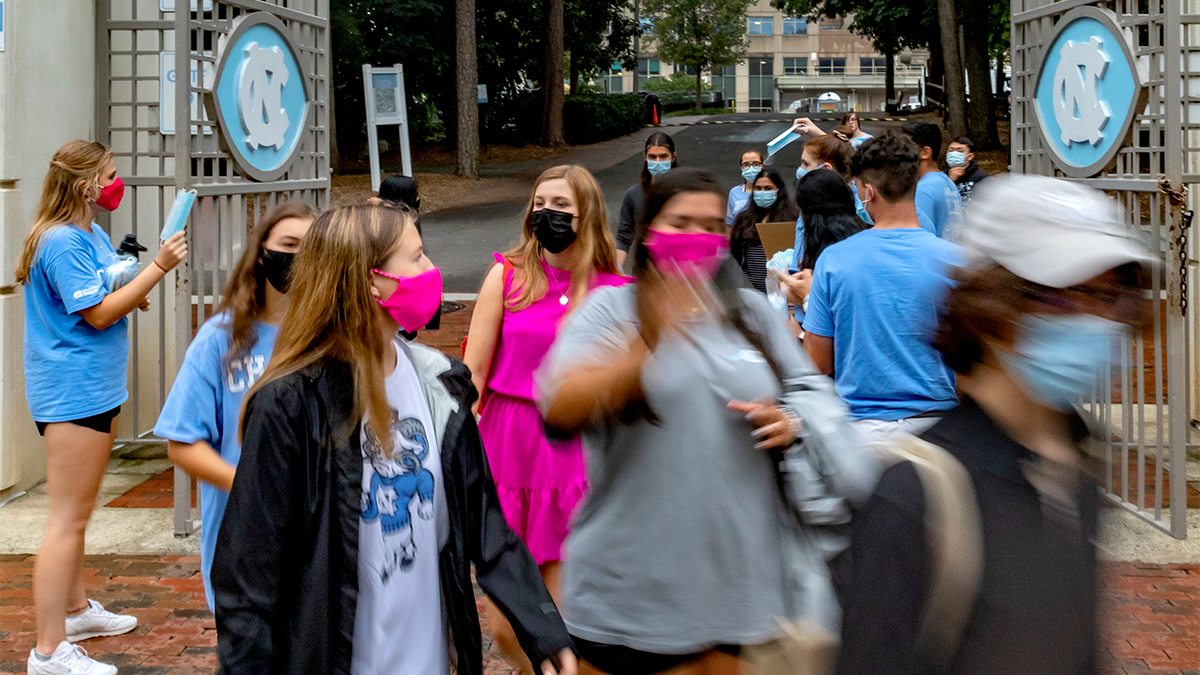 Students lined up outside of Kenan Stadium.