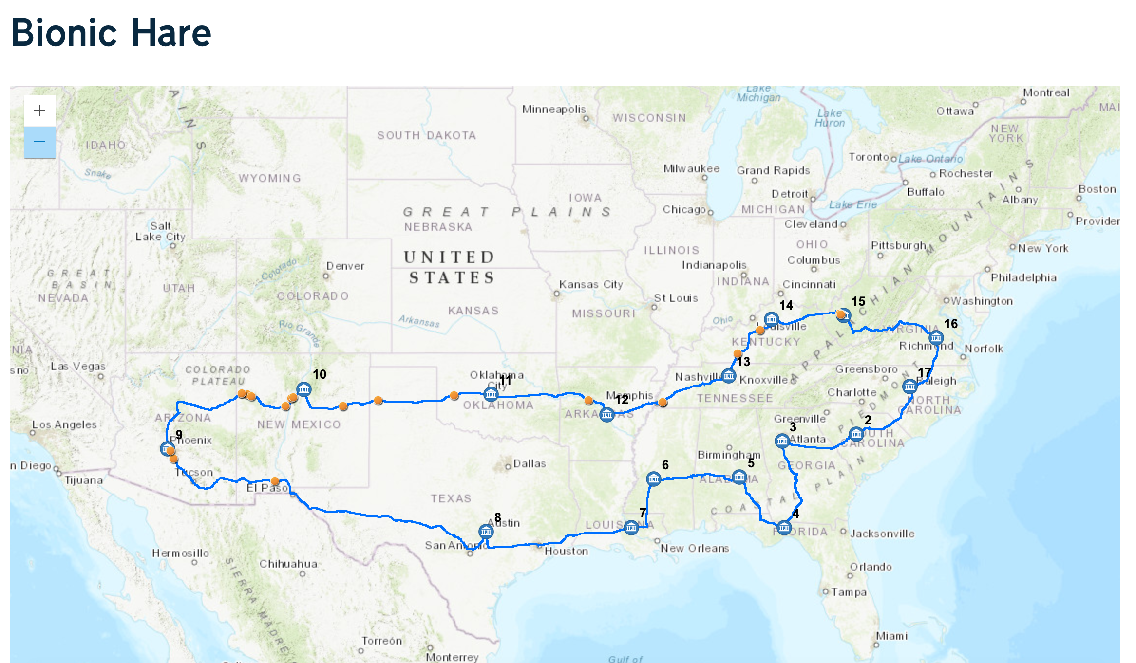 Screen shot of U.S. map with Miles for Wellness challenge route winding through a circuit of southern state capitols.