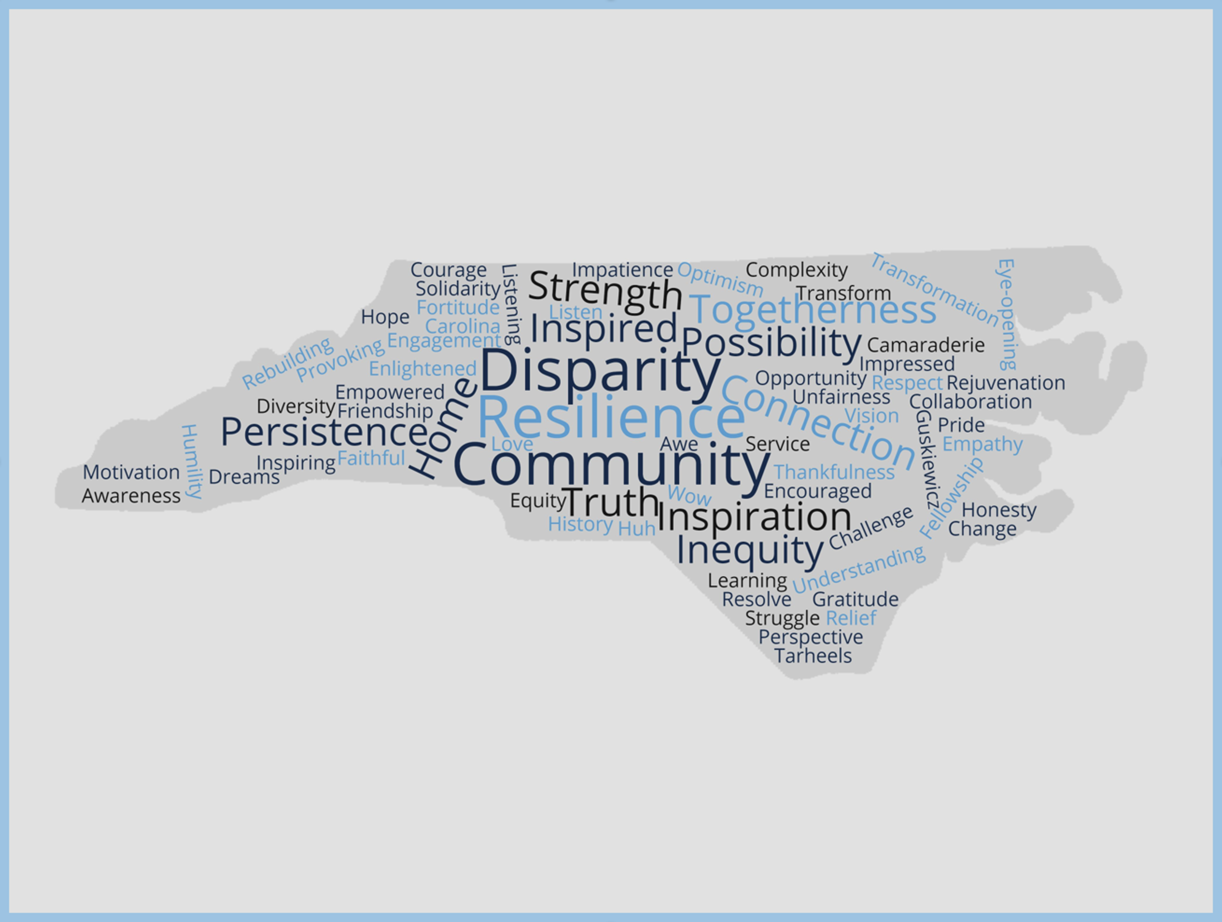 State of NC with word cloud. Prominent words: Community, Disparity, Resilience
