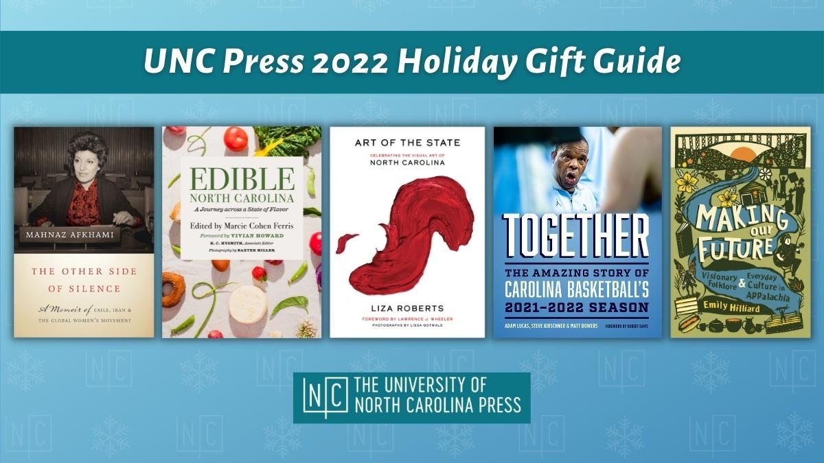 Art showing five book covers for the UNC Press Holiday gift guide.