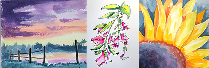 watercolors of a fend, pink flowers and a sunflower
