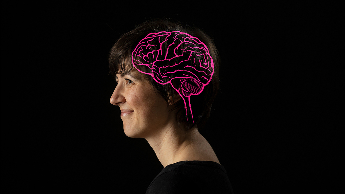 photo illustration of woman with brain outlined in pink lines