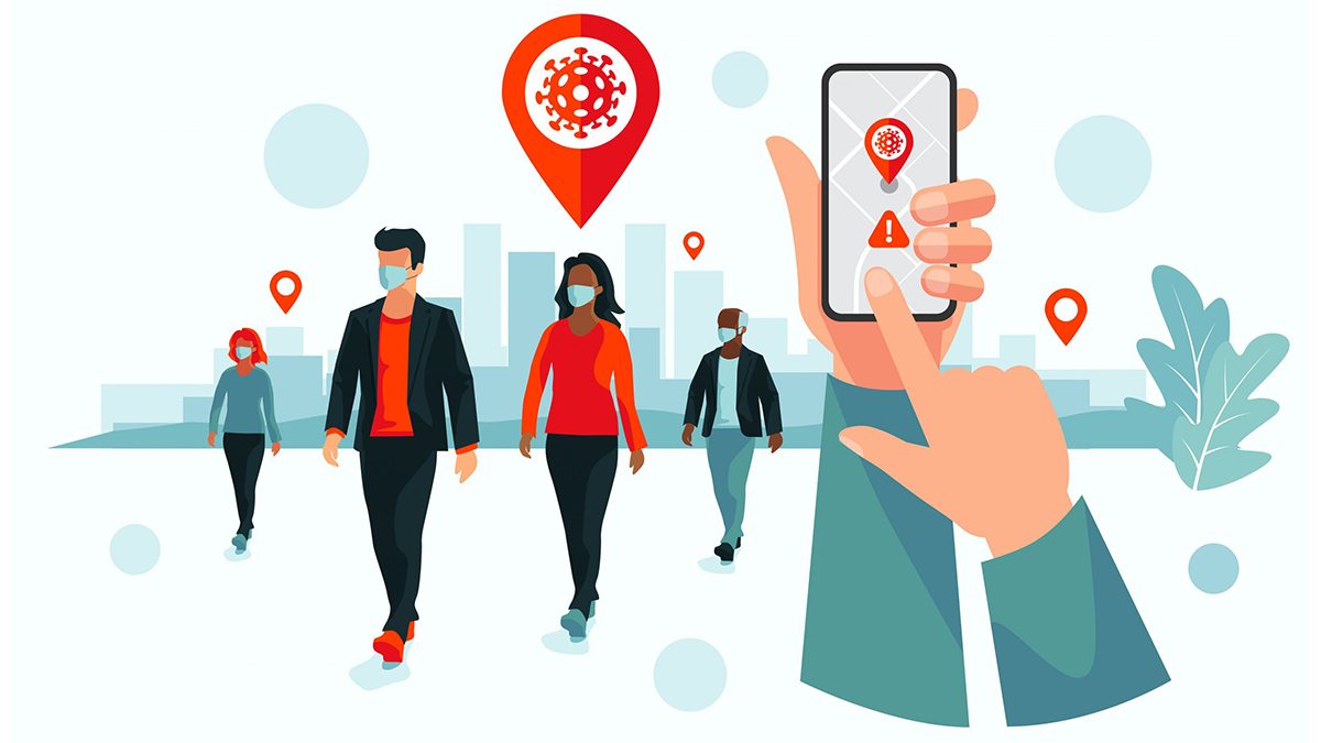 graphic of people walking with masks, person using tracker on phone in foreground