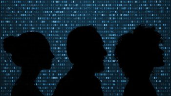 The silhouettes of three figures with data in the background.