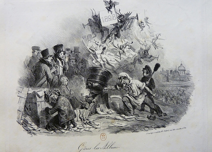 In Auguste Raffet’s “Gâres les Albums,” a printmaker lights a mortar full of albums and demons and fires them at the city of Paris, to the delight of his patrons. Raffet suggests that visual artists who make popular prints secure their own exclusion from such lofty institutional recognition, according to UNC art historian Kathryn Desplanque. (image courtesy of Kathryn Desplanque)