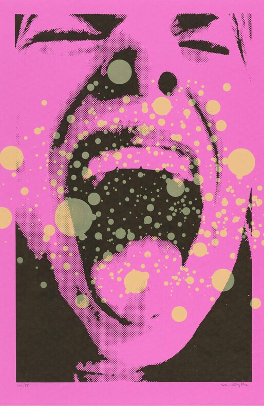 Pink poster of person sneezing showing yellow droplets