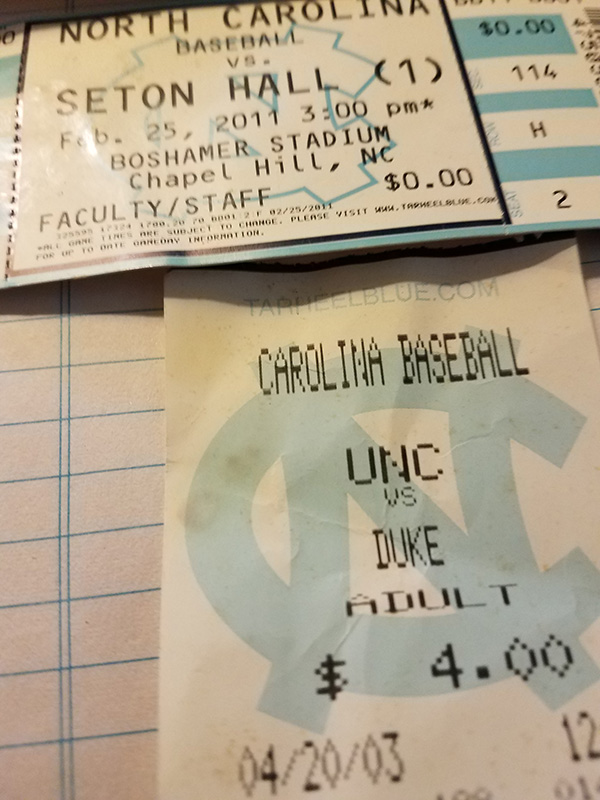 Two of Tom Buske's tickets from past baseball games.