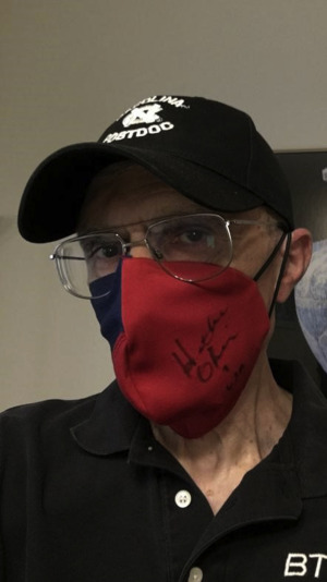 Sancar wearing a COVID mask made by Heather O'Reilly from her US national team jersey.
