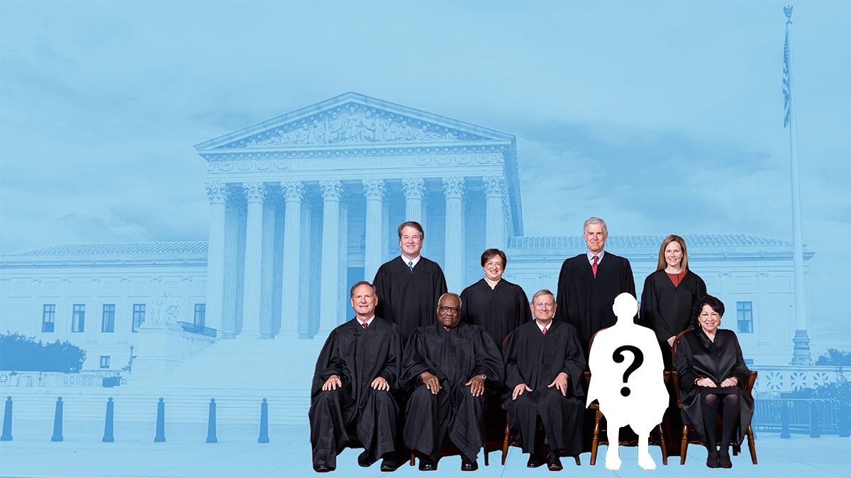Photo illustration of 9 supreme court justices in black robes superimposed against a photo of the U.S. Supreme Court Building. In place of Justice Stephen Breyer is a white silhouette with a question mark.