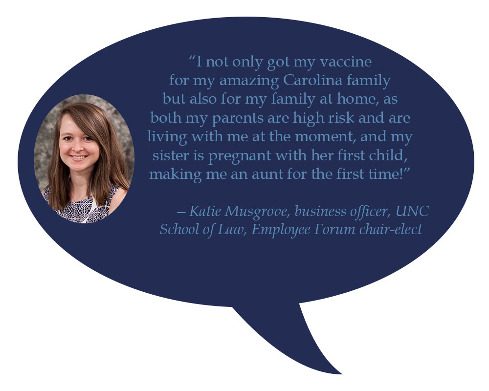 “I not only got my vaccine for my amazing Carolina family but also for my family at home, as both my parents are high risk and are living with me at the moment, and my sister is pregnant with her first child, making me an aunt for the first time!”