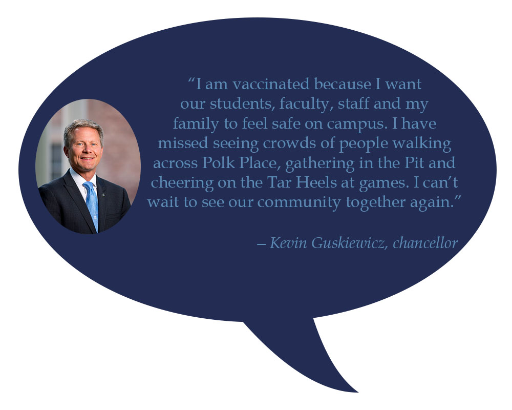 Kevin Guskiewicz, chancellor “I am vaccinated because I want our students, faculty, staff and my family to feel safe on campus. I have missed seeing crowds of people walking across Polk Place, gathering in the Pit and cheering on the Tar Heels at games. I can’t wait to see our community together again.” 