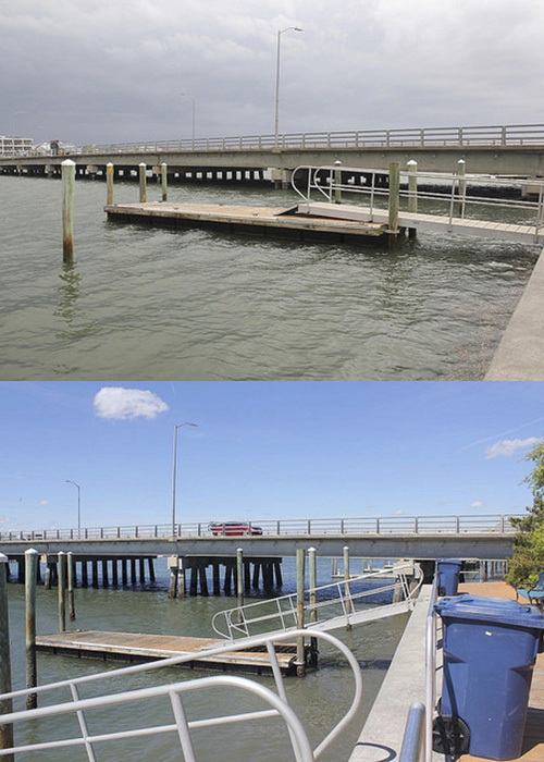 Two photos showing the Wrightsville bridge before a king tide and afterwards with high water level.