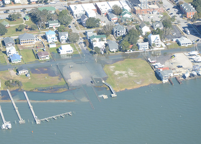 Aerial photo of Promis Land section of Morehead City with docks and streets flooded after a king tide.
