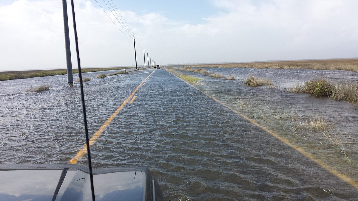 A flooded road.