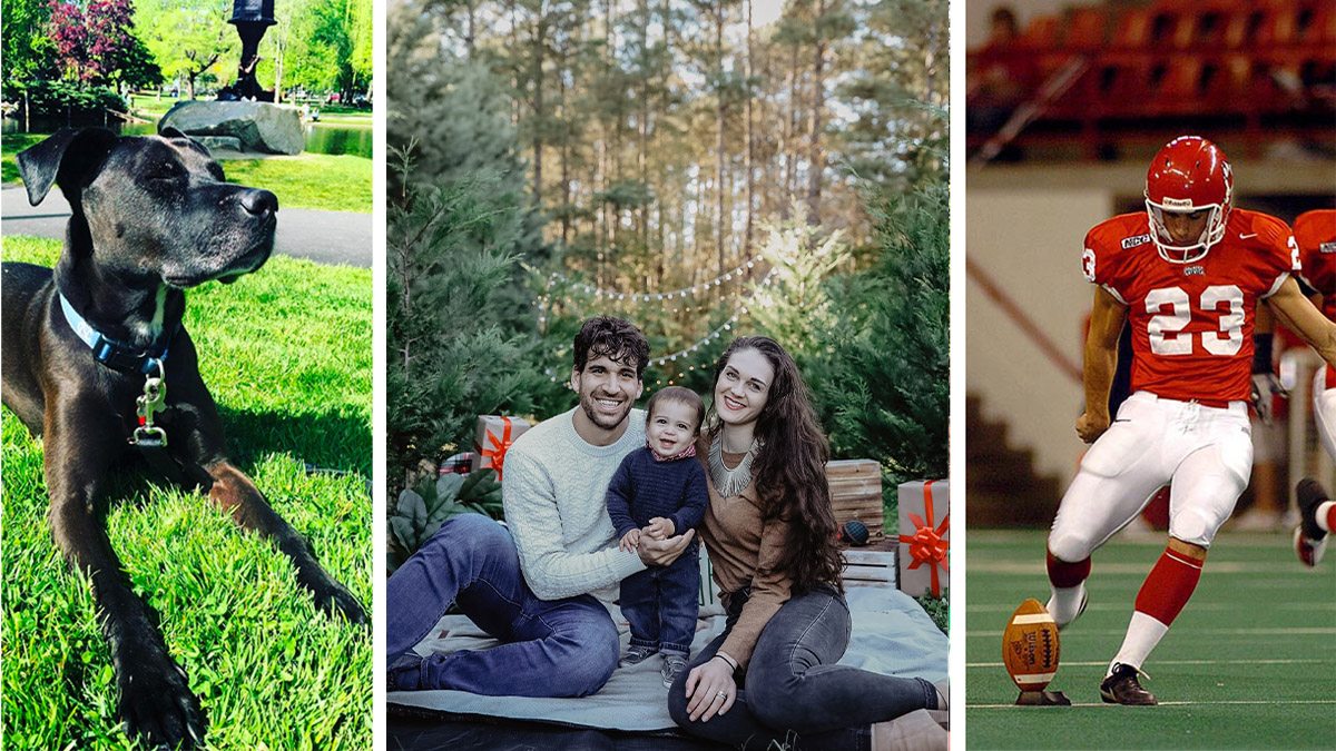 A dog, a family, and a person playing football