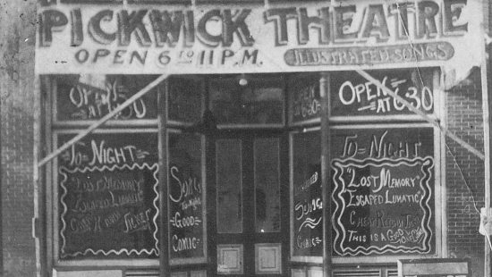 Black and white picture of pickwick theatre
