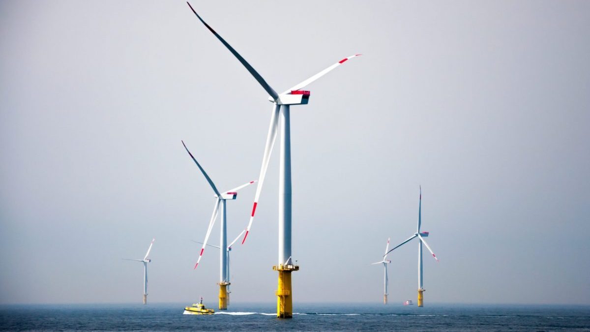offshore wind turbines are under construction in the North Sea.