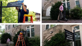 Facility workers replacing name placards on buildings
