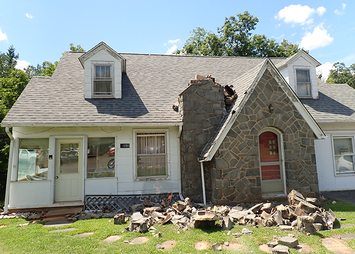 A house on top of the fault line sustained damage to its chimney. The state has paid $7.2 million on 525 residential damage claims, 60 of which are considered major. Damage to government infrastructure, which is at $7 million and rising, includes two Alleghany County schools and the county courthouse, Sparta’s water and sewer systems and Elkin’s fire department.