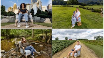 Four-photo collage of portraits of students sitting in a blue chair: one is of a woman in downtown Charlotte; one is of a woman on rural tribal land; one is of a woman in a creek; one is of a man on a dirt road on a farm.