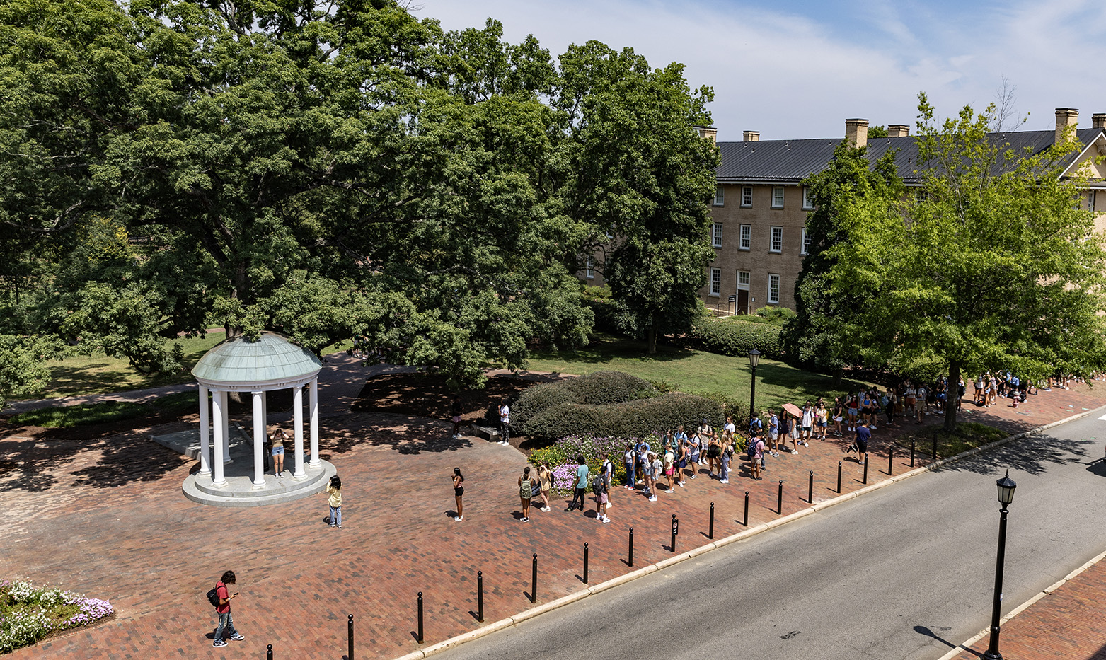 Aerial image of a line of students near the Old Well on the campus of UNC-Chapel Hill.